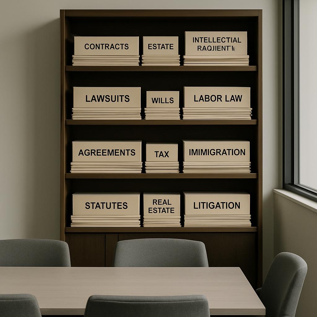 'Office shelves with folders containing legal documents.'
