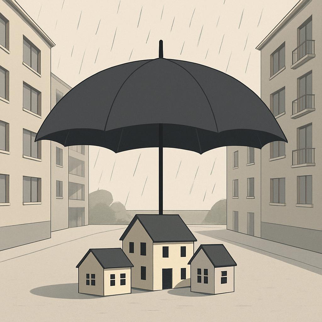 Un'illustrazione semplice di una tenuta abitativa protetta dall'ombrello.