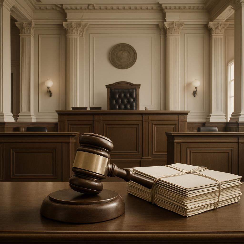 This image displays a courtroom scene, typically featuring a judge's bench and columns, often used in formal legal trials.